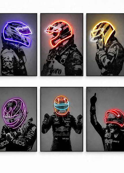 Abstract Car Racing Poster Neon Helmet Canvas Print Wall Art Racing Car Wall Decor Home Decor Living Room Mural Unframed