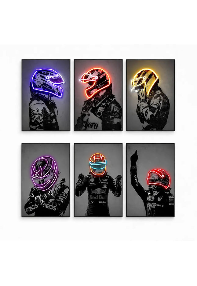 Abstract Car Racing Poster Neon Helmet Canvas Print Wall Art Racing Car Wall Decor Home Decor Living Room Mural Unframed