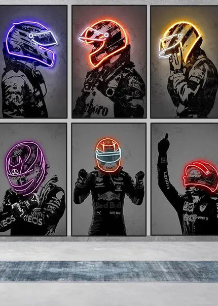 Affiche de course automobile Abstrait Casque néon Impression sur toile Peinture murale Voiture de course Décoration murale Décoration d'intérieur Salon Fresque murale Sans cadre GP Addicts