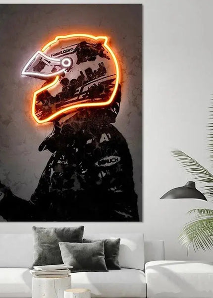 Affiche de course automobile Abstrait Casque néon Impression sur toile Peinture murale Voiture de course Décoration murale Décoration d'intérieur Salon Fresque murale Sans cadre GP Addicts