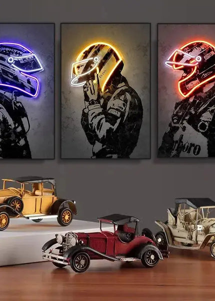 Affiche de course automobile Abstrait Casque néon Impression sur toile Peinture murale Voiture de course Décoration murale Décoration d'intérieur Salon Fresque murale Sans cadre GP Addicts