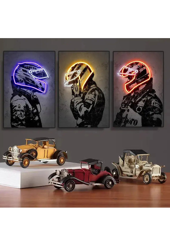 Affiche de course automobile Abstrait Casque néon Impression sur toile Peinture murale Voiture de course Décoration murale Décoration d'intérieur Salon Fresque murale Sans cadre GP Addicts