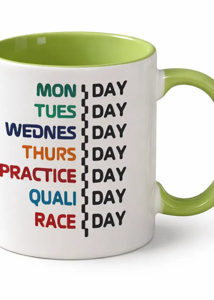 Formula Racing Coffee Mug – Race Week Schedule Design