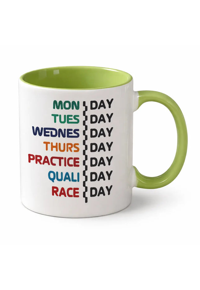 Formula Racing Coffee Mug – Race Week Schedule Design